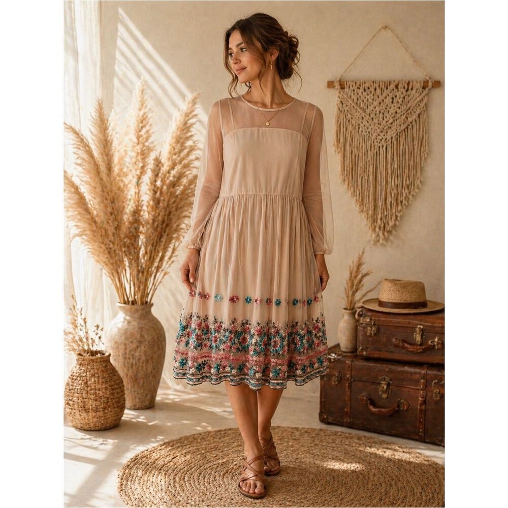 Anthropologie entro Beige Mesh Midi Dress with Floral Embroidery